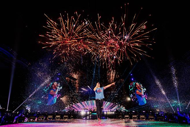British rock band Coldplay performs during its "Music of the Spheres" world tour at Goyang Stadium just north of Seoul in April 2025. (Live Nation Korea)