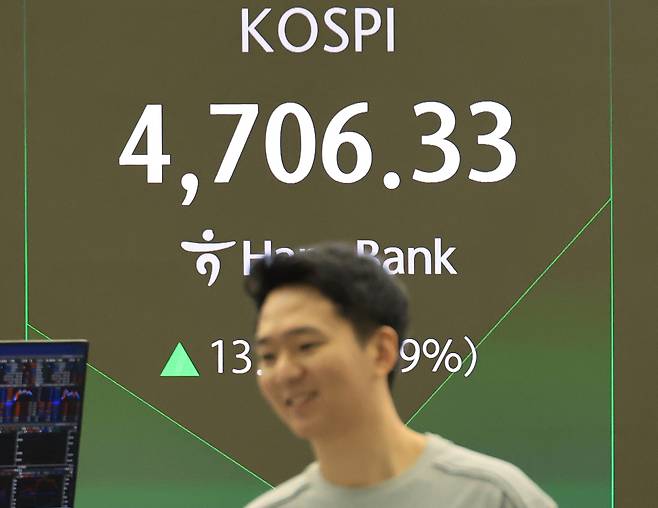 A screen in Hana Bank's trading room in central Seoul shows the Kospi opening on Jan. 14. [YONHAP]