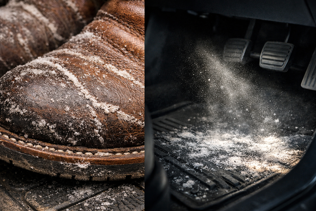 염화칼슘이 신발이나 자동차 매트에 묻은 채 방치되면 표면이 상하는 것은 물론, 건강에도 좋지 않다. 사진은 기사의 내용을 바탕으로 생성. Chat GPT