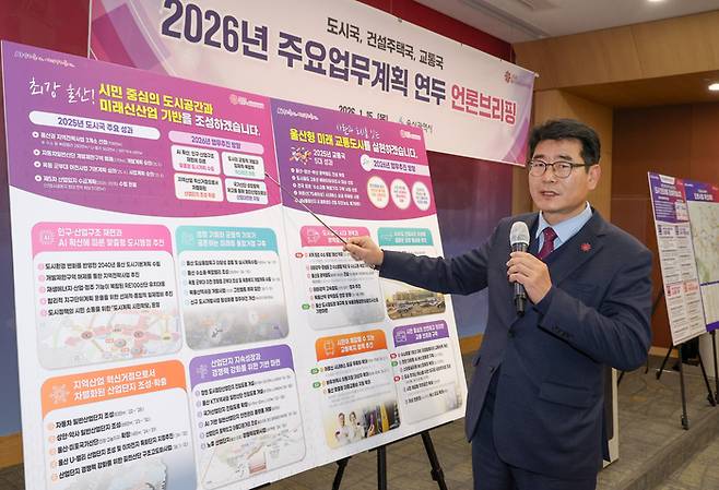 윤덕중 울산시 도시국장이 15일 울산시청 프레스센터에서 2026년 연두 언론브리핑을 통해 올해 주요 추진사업 및 정책에 대해 설명하고 있다. 이수화 기자