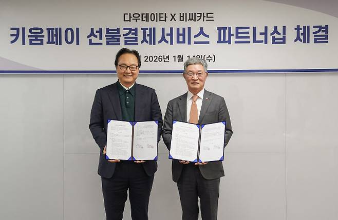최원석(오른쪽) BC카드 사장과 김상준 다우데이타 사장이 지난 14일 오후 서울 마포구 소재 다우데이타 사옥에서 카드 프로세싱 업무 협약식에서 기념촬영하고 있다. 사진=BC카드 제공