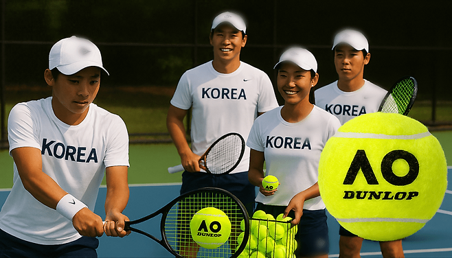대한테니스협회가 던롭스포츠코리아와 공식 사용구 계약을 마쳤다. 국가대표 선수들이 던롭 AO(호주오픈) 볼로 훈련하는 모습을 AI로 만든 이미지.&nbsp;