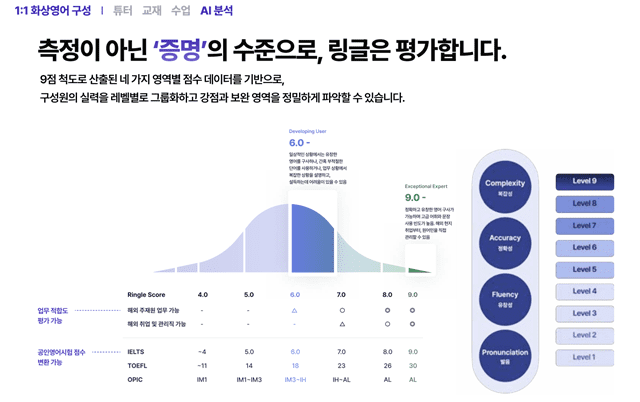 링글의 1:1 화상 영어 실력 측정 기준. (사진=링글)