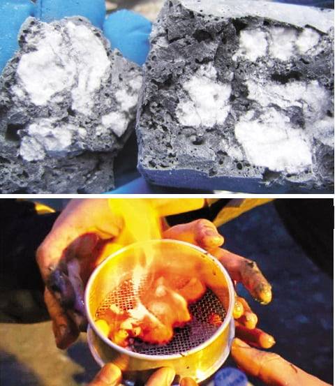 동해에서 시추한 가스하이드레이트. 얼음 상태로 진흙과 섞여 있다가 불을 붙이면 얼음이 녹으면서 그 안의 메탄이 연소된다./조선DB