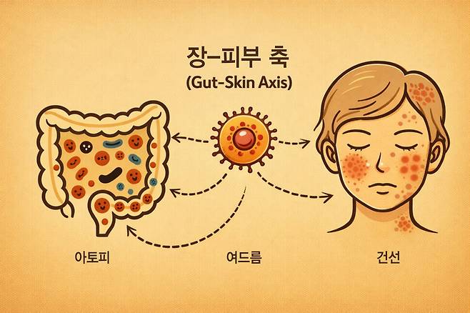 최근 의학 연구들은 피부 질환의 출발점이 피부가 아니라 장내 환경, 특히 장내 미생물의 종다양성과 깊이 연 관돼 있음을 보여준다. 이를 설명하는 개념이 바로 ‘장–피부 축’(Gut–Skin Axis)이다. 챗GPT그림