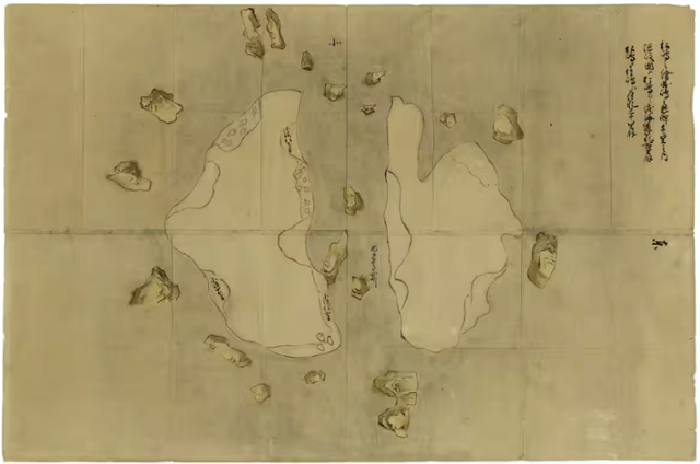 일본 시마네현이 13일 공개한 '마쓰시마 지도'. 독도의 지형과 주변 돌섬의 위치 등이 상세히 그려져 있다. 시마현 제공