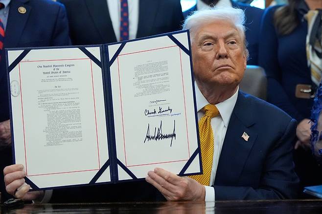 U.S. President Donald Trump holds a bill to return whole milk to school cafeterias across the country in the Oval Office of the White House in Washington on Jan. 14. [AP]