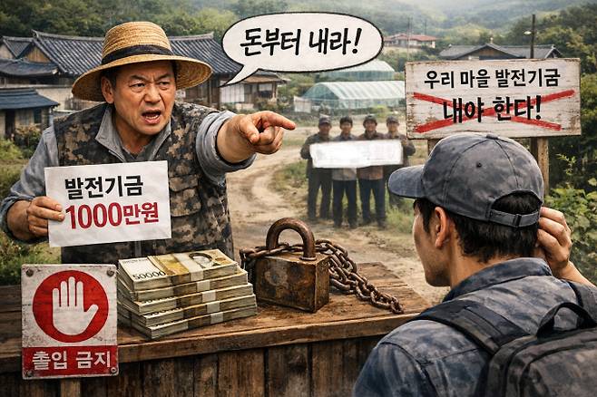 발전기금을 요구하는 이장 AI 이미지 생성/사진=머니S 박영우 기자