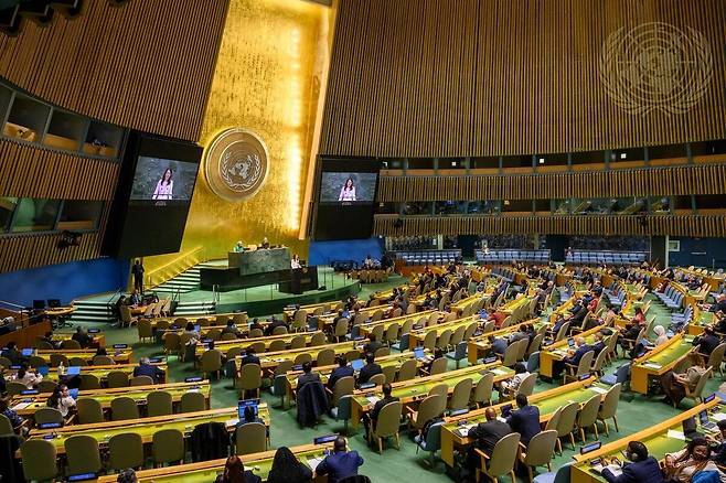 유엔총회 연설하는 아날레나 배어복 의장 [유엔본부 제공. 재판매 및 DB 금지]