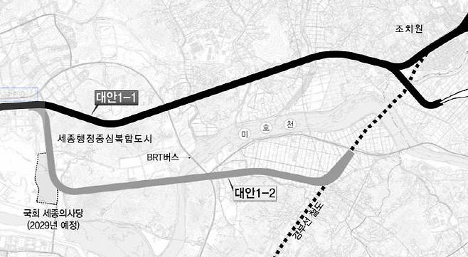 충청권 광역급행철도(CTX) 민간투자사업 환경영향평가항목 등의 결정내용에 포함된 행정중심복합합도시 구간 위치도.국토교통부 자료 갈무리