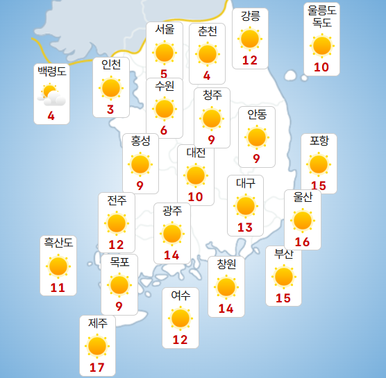 16일 낮 전국 날씨 전망&nbsp;