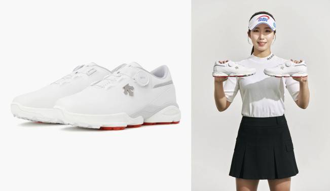 데상트골프 2026 신제품 '컴포트(COMFORT) 골프화'와  신제품을 들고있는 KLPGA 이동은.(사진제공=데상트골프)