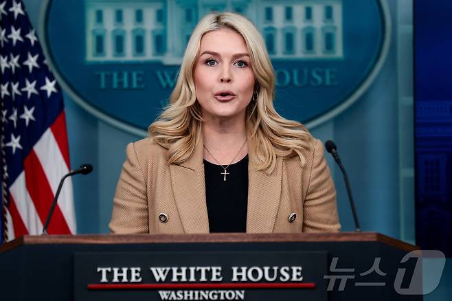 캐롤라인 레빗 미국 백악관 대변인이 15일(현지시간) 워싱턴DC에서 언론 브리핑을 진행하고 있다. 2026.01.15. ⓒ 로이터=뉴스1 ⓒ News1 류정민 특파원