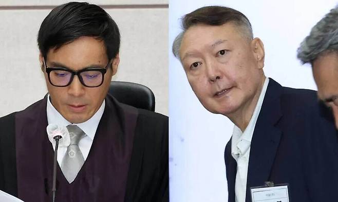 지난해 9월26일 서울 서초구 서울중앙지법에서 윤석열 전 대통령의 특수공무집행방해, 직권남용 권리행사방해 등 혐의 재판을 맡은 백대현 부장판사가 자료를 살펴보고 있다.(왼쪽) 오른쪽은 같은 날 해당 재판에 출석한 윤 전 대통령. 사진공동취재단