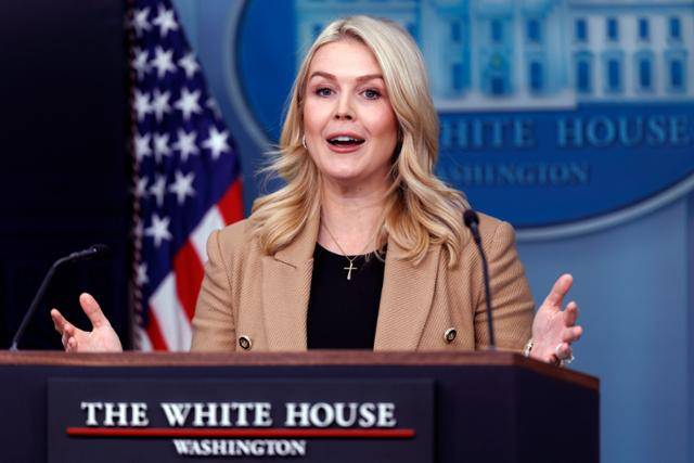 케럴라인 레빗 백악관 대변인이 15일 워싱턴 백악관에서 언론 브리핑을 진행하고 있다. 워싱턴=EPA 연합뉴스