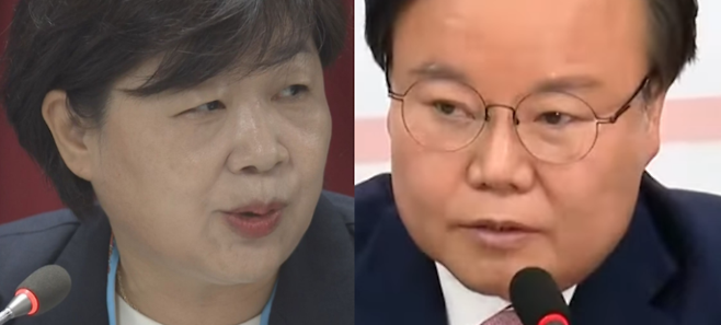 서영교(왼쪽) 더불어민주당 의원과 김재원 국민의힘 최고위원