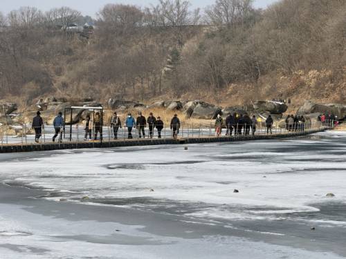 ◇제14회 철원한탄강얼음트레킹축제가 17일 개막한 가운데 트레킹에 나선 방문객들이 한탄강 위에 설치된 부교를 걷고 있다.
