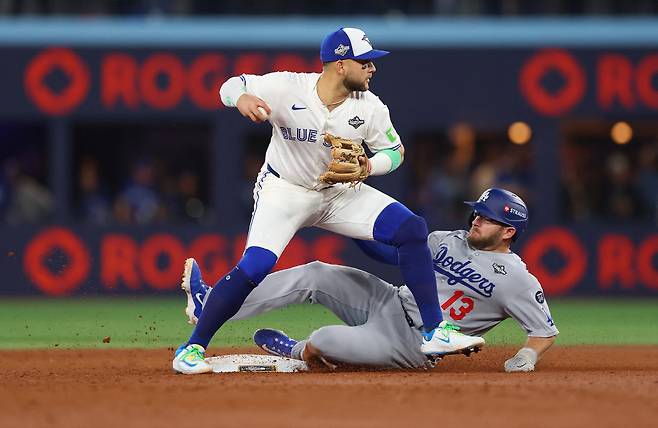 TORONTO, ONTARIO - NOVEMBER 01: Bo Bichette #11 of the Toronto Blue Jays forces Max Muncy #13 of the Los Angeles Dodgers out during the sixth inning in game seven of the 2025 World Series at Rogers Center on November 01, 2025 in Toronto, Ontario.   Gregory Shamus/Getty Images/AFP (Photo by Gregory Shamus / GETTY IMAGES NORTH AMERICA / Getty Images via AFP)







<저작권자(c) 연합뉴스, 무단 전재-재배포, AI 학습 및 활용 금지>