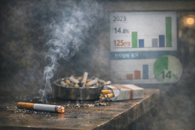 OECD 국가 전체에서 2023년 15살 이상 인구의 14.8%가 매일 흡연했다. 그리고 많은 흡연자 앞을 기다리고 있는 것은 죽음이었다. 2022년 OECD 국가에서 담배로 인한 성인 사망자는 약 125만 명에 이르는 것으로 추산됐다. 챗GPT 그림