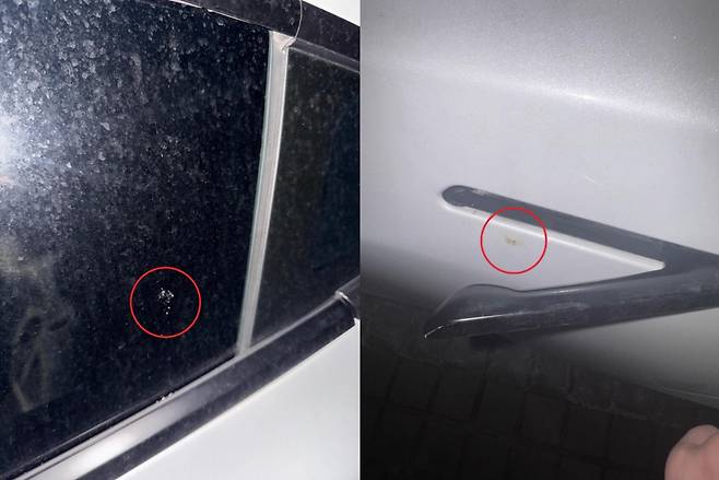 테슬라를 담뱃불로 훼손한 중학생들. /사진=보배드림 갈무리