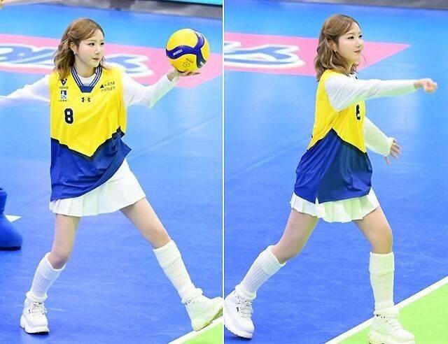 세이마이네임 히토미가 시구하고 있다 / 한국배구연맹(KOVO)