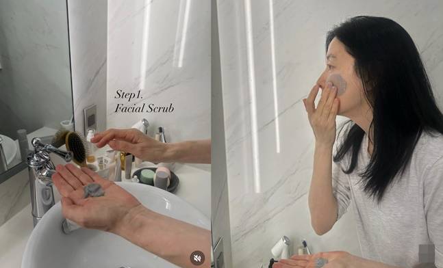 이영애는 숯 성분 스크럽으로 각질을 제거, 매끄러운 피부를 가꿨다. 사진=이영애 SNS