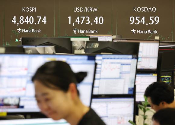 코스피가 사상 처음으로 4,800대에서 장을 마친 16일 서울 중구 하나은행 딜링룸 현황판에 코스피지수 등이 표시돼 있다. [사진=연합뉴스]