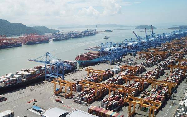 국내 해운산업의 가장 큰 현장은 부산에 있지만 정작 해운기업 본사는 서울에 밀집해 기업의 본사를 부산으로 이전해야 한다는 목소리가 커진다. 사진은 컨테이너선이 가득 찬 부산항 신항 전경.  국제신문 DB