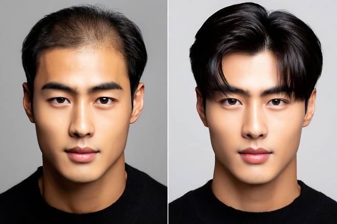 탈모 남성 치료 전후 비교 사진 AI 생성. 123rf.com