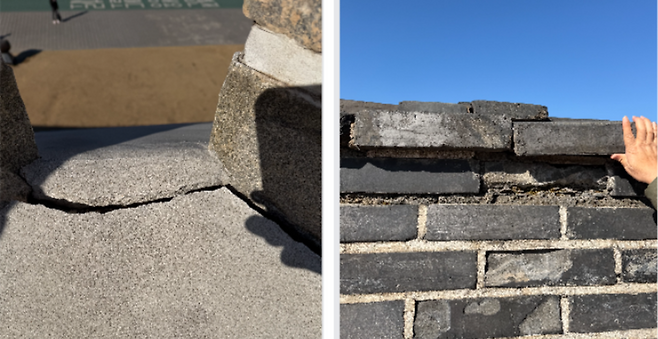 ▲&nbsp;성곽 상부 석재에 균열과 틈이 발생한 모습. /최준희 기자wsx3025@incheonilbo.com