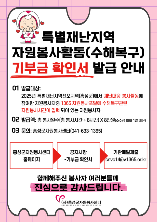 ▲ 특별재난지역 자원봉사용역 등에 대한 기부금 확인서 발급 안내 리플렛-홍성군 제공