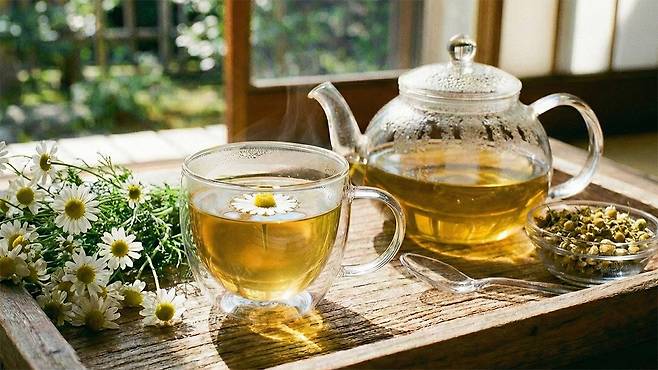 캐모마일차는 진정 효과가 있어 당뇨 환자의 수면 장애 개선에 도움을 줄 수 있다｜출처: Gemini 생성