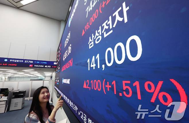 삼성전자 주가가 14만원대를 기록한 7일 오후 서울 중구 우리은행 본점 딜링룸 전광판에 종가가 나오고 있다. 삼성전자는 이날 장 중 15만 600원까지 올랐다. 2026.1.7/뉴스1 ⓒ News1 김민지 기자