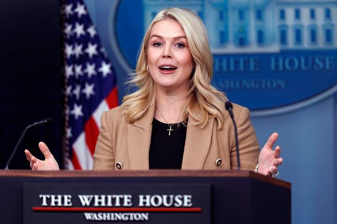 캐롤라인 레빗 백악관 대변인이 15일 브리핑을 하고 있다. /EPA 연합뉴스