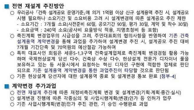 서울주택도시개발공사(SH)가 2024년 2월22일 작성한 ‘세운4구역 건축설계용역 계약변경 시행보고’에서 세운4구역 전면 재설계에 따라 설계공모가 필요하다는 점을 언급했다.