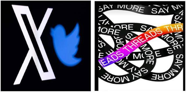 일론 머스크 테슬라 최고경영자(CEO)가 인수한 ‘엑스(X·옛 트위터)’의 로고(왼쪽 사진). 오른쪽은 마크 저커버그 CEO가 운영하는 메타의 스레드 로고. AFP 연합뉴스·구글 플레이 캡처