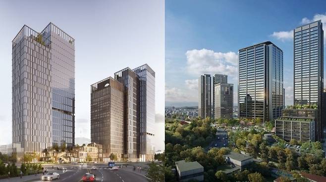 Renderings of Hanwha Corp. E&C Division's Seoul Station Northern District Development (left) and Iota Seoul, led by Igis Asset Management (Hanwha Corp. E&C Division, Igis Asset Management)