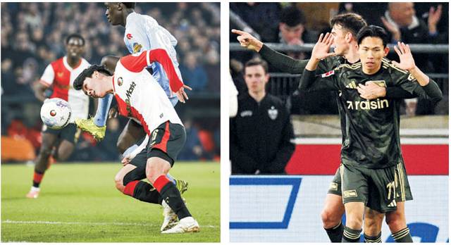 페예노르트의 황인범(왼쪽 사진)이 19일 오전(한국시간) 네덜란드 로테르담에서 열린 네덜란드 에레디비시 홈경기에서 몸을 던져 공을 따내고 있다. 우니온 베를린의 정우영(오른쪽 〃)이 18일 밤 독일 슈투트가르트에서 열린 독일 분데스리가 원정경기에서 후반 38분 골을 넣은 후 세리머니를 자제하고 있다.  EPA AFP 연합뉴스