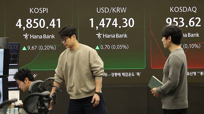 새해 들어 코스피가 연일 사상 최고치를 경신한 가운데 19일 서울 중구 하나은행 딜링룸에서 딜러들이 대화하고 있다. [연합]