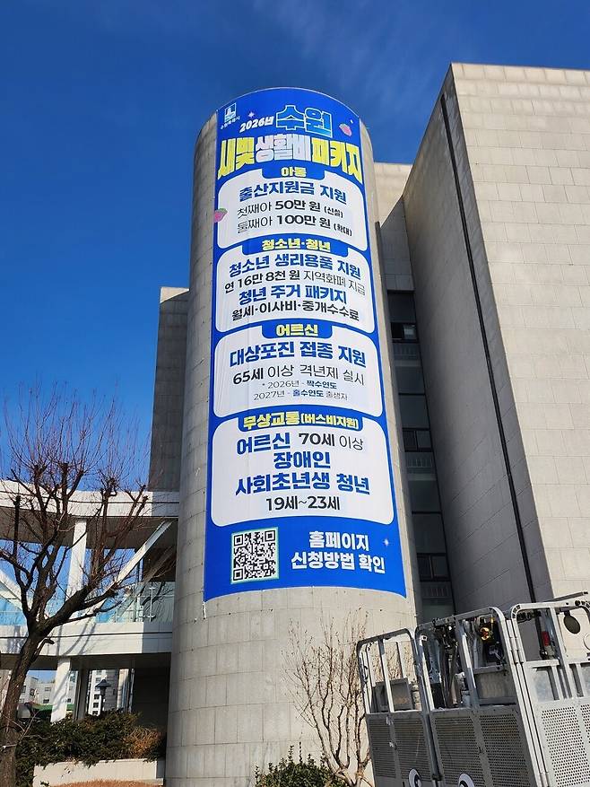 ▲&nbsp;수원시청 청사 외벽에 수원시 새빛 생활비 패키지를 알리는 대형 현수막이 게시돼 있다. / 사진제공=수원특례시