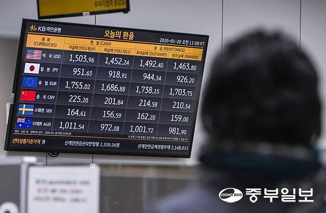 최근 환율이 고공 상승하며 1500원대를 바라보고 있는 가운데 20일 오전 수원역 내 KB국민은행 모니터에 환율정보가 표시돼 있다. 임채운기자