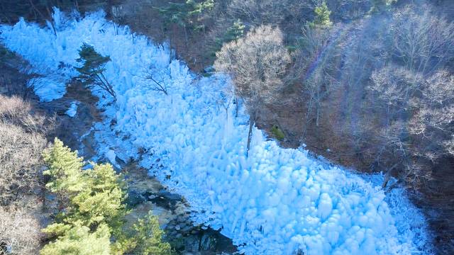 올겨울 들어 가장 매서운 추위가 찾아온 20일, 대구 달성군 비슬산자연휴양림 계곡에 조성된 '비슬숲 얼음동산'이 마치 거대한 성벽처럼 이색적인 정취를 자아내고 있다. 김용국 기자