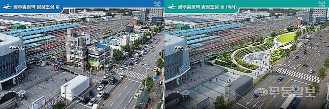 현재 광주송정역 광장 모습(왼쪽)과 확장 사업 조감도. 광주 광산구 제공