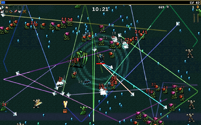 종스크롤 슈팅게임 게임으로 개발 가능 여부를 검토하고, 최종적으로 뱀서류 게임을 개발하는 것을 목표로 프로젝트를 진행하기로 결정했다. 사진은 '뱀파이어 서바이벌' 플레이화면(출처=스마일게이트 스토브 판매 페이지).