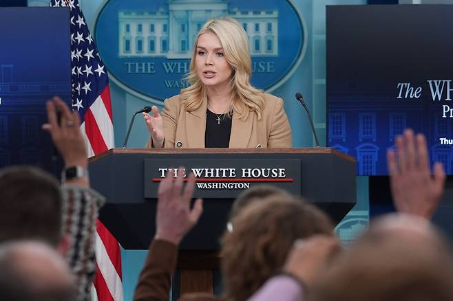 지난 15일 미국 백악관에서 언론 브리핑을 진행 중인 캐럴라인 레빗 대변인. [AP=연합뉴스]