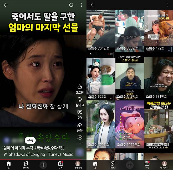 (왼쪽) 넷플릭스 드라마 ‘폭싹 속았수다’를 짜깁기한 유튜브 쇼츠. (오른쪽) 같은 음악을 활용한 전 세계 수많은 쇼츠들.