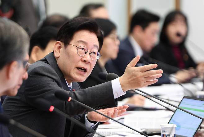 President Lee Jae Myung speaks during a Cabinet meeting at Cheong Wa Dae in Seoul on Tuesday. (Pool photo via Yonhap)