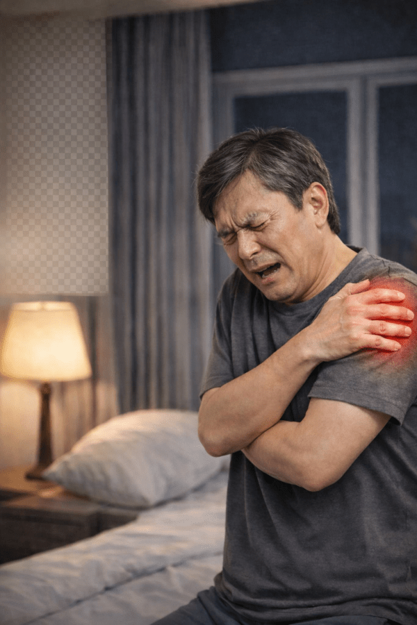 오십견은 팔을 들어올리기 어렵고, 밤에 통증이 심해지는 증상이 이어진다. [출처: AI 이미지 생성]