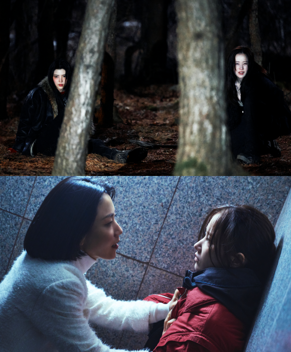 전종서(위쪽 사진의 오른쪽)는 한소희에 관해 "소탈하고 솔직하고 대범한 친구다. 예술적인 재능을 많이 갖고 있고, 작품 선택이나 그 외에 보이는 모습들도 매력적"이라고 남다른 애정을 드러냈다. /플러스엠 엔터테인먼트