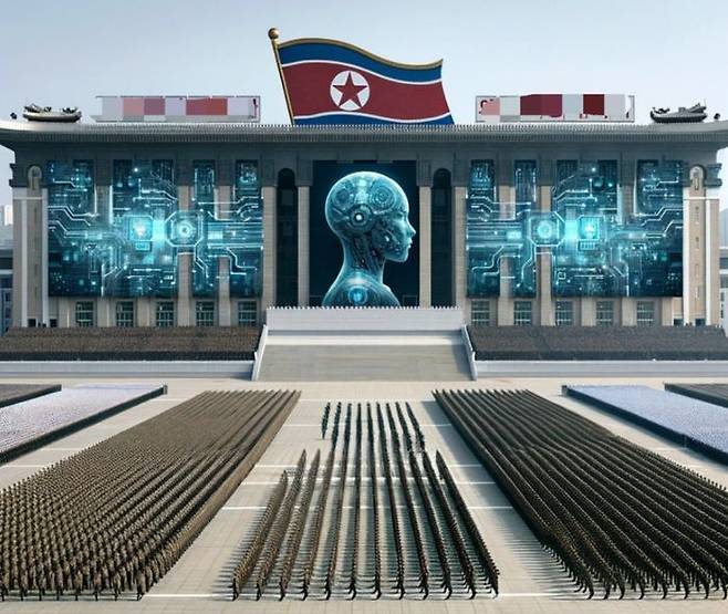 인공지능을 상징하는 홀로그램 아래 북한의 인민군들이 행진하는 AI이미지. ⓒ readwrite.